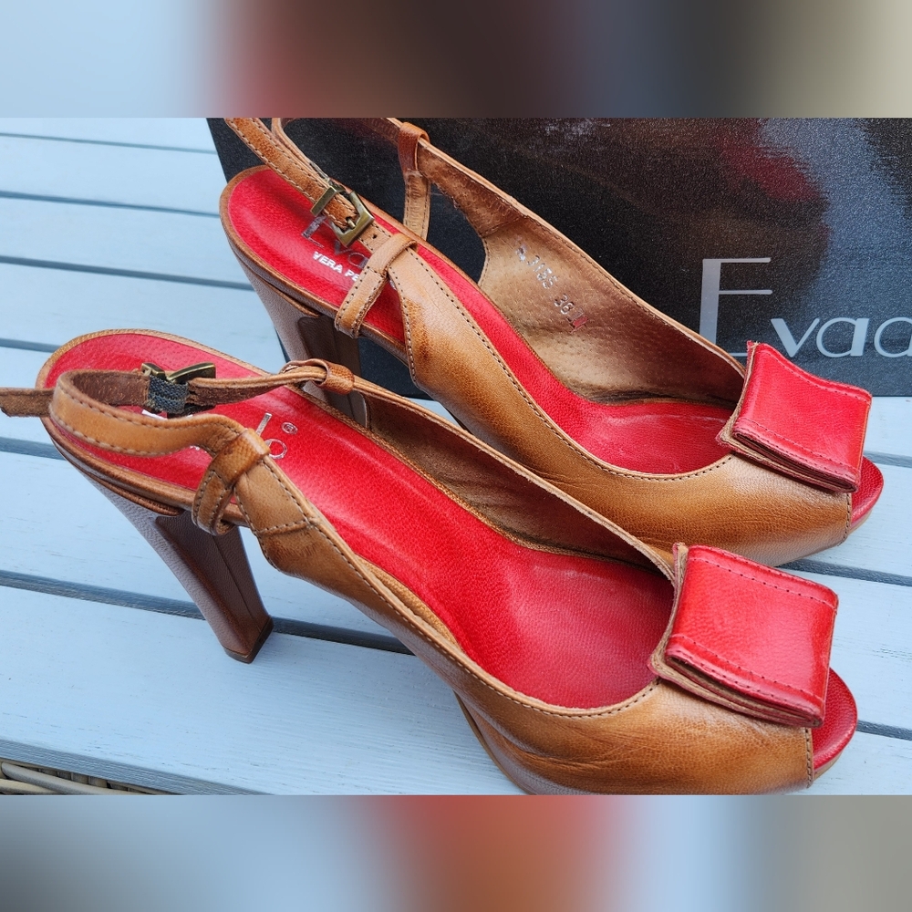 EVADO brown and red leather open toe high heels platform sandals 38 - Picture 5 of 12